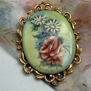 Vintage Hand Painted Floral Porcelain Brooch signed by Artist #173FF